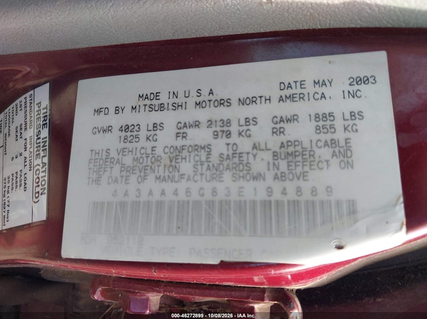 MITSUBISHI GALANT 2003 VIN 4A3AA46G83E194889