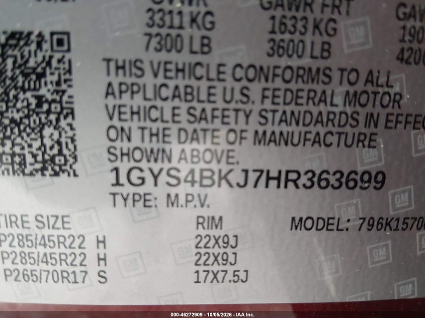 CADILLAC ESCALADE 2017 VIN 1GYS4BKJ7HR363699