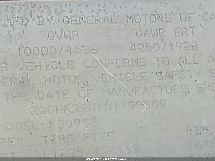 CHEVROLET GMT-400 1992 VIN 2GCHK39N1N1199309