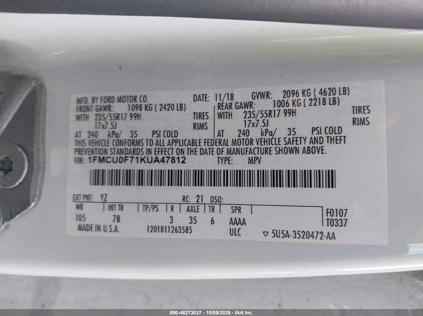 Vin: 1fmcu0f71kua47812, lot: 46773154, ford escape s 20194