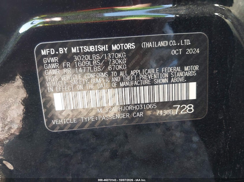 MITSUBISHI MIRAGE 2024 VIN ML32AUHJ0RH031065