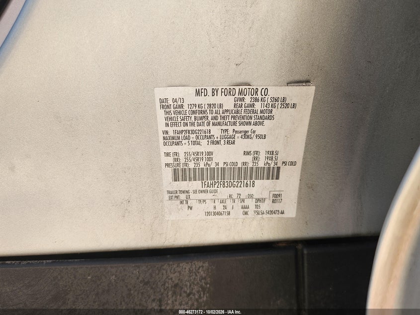 FORD TAURUS 2013 VIN 1FAHP2F83DG221618