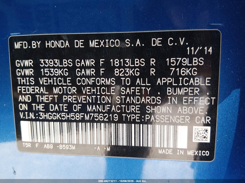 HONDA FIT 2015 VIN 3HGGK5H58FM756219
