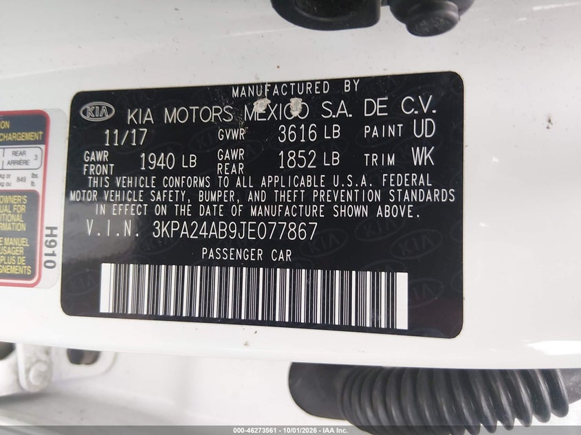 KIA RIO 2018 VIN 3KPA24AB9JE077867