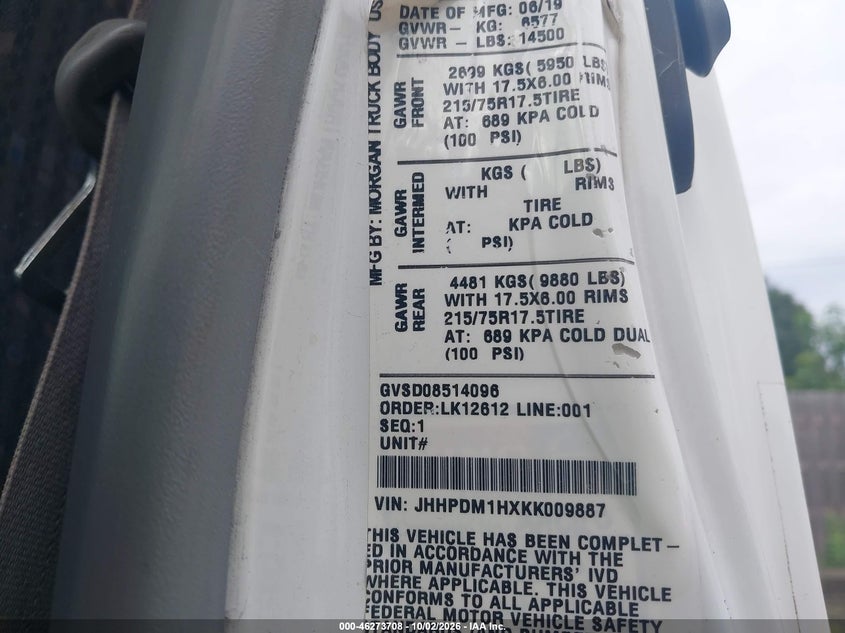 HINO XJC740/XFC740 2019 VIN JHHPDM1HXKK009887