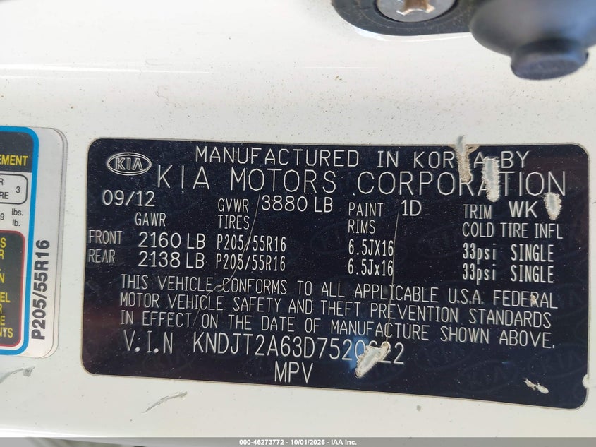 KIA SOUL 2013 VIN KNDJT2A63D7520622