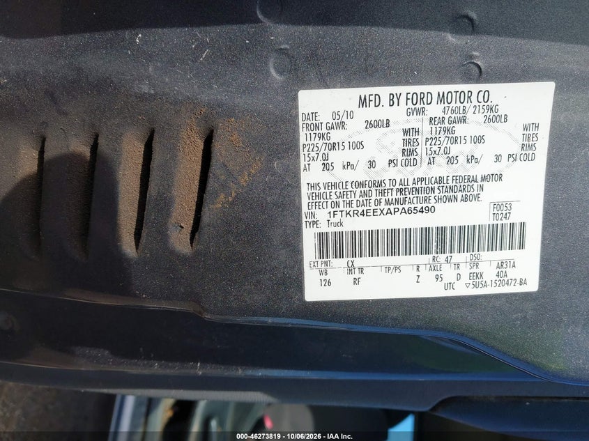 FORD RANGER 2010 VIN 1FTKR4EEXAPA65490