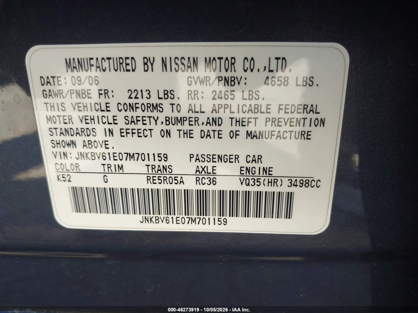 INFINITI G35 2007 VIN JNKBV61E07M701159