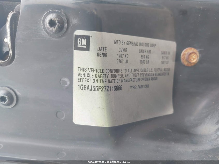 SATURN ION 2007 VIN 1G8AJ55F27Z116666