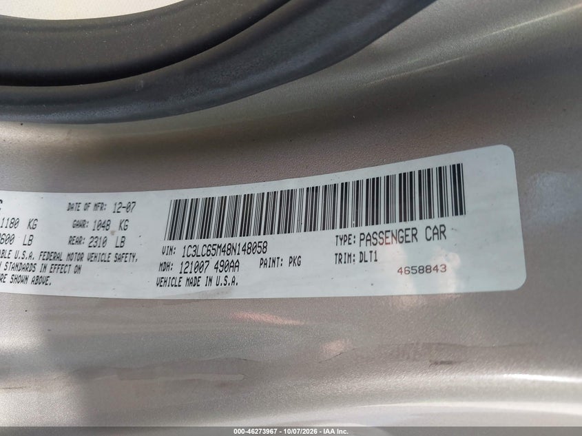CHRYSLER SEBRING 2008 VIN 1C3LC65M48N148058