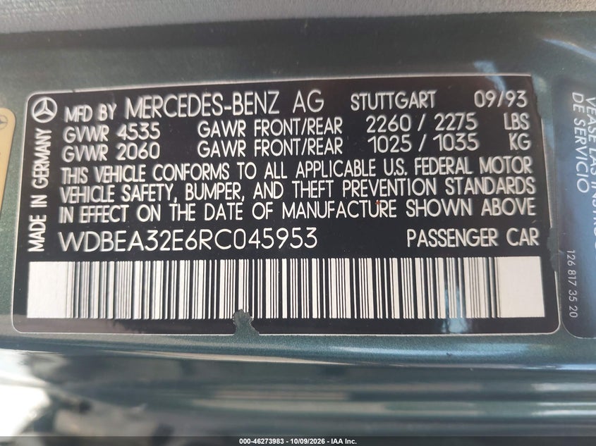 MERCEDES-BENZ E 1994 VIN WDBEA32E6RC045953