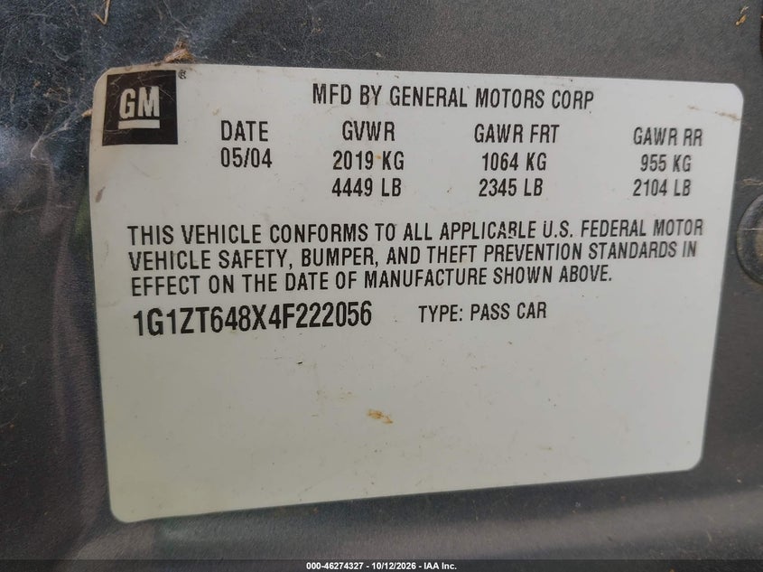 CHEVROLET MALIBU MAXX 2004 VIN 1G1ZT648X4F222056