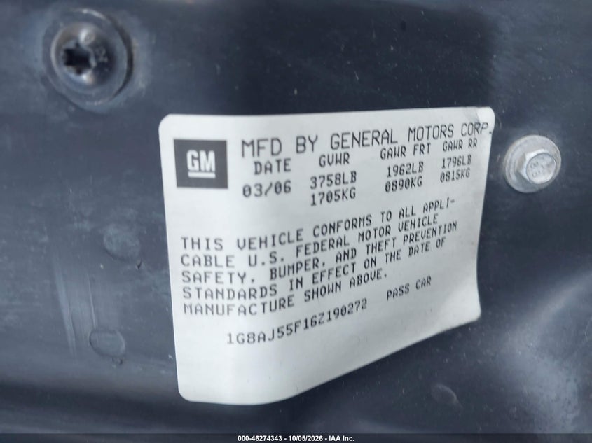SATURN ION 2006 VIN 1G8AJ55F16Z190272