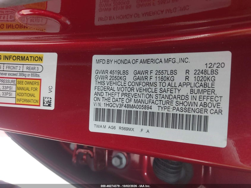 HONDA ACCORD HYBRID 2021 VIN 1HGCV3F48MA005894