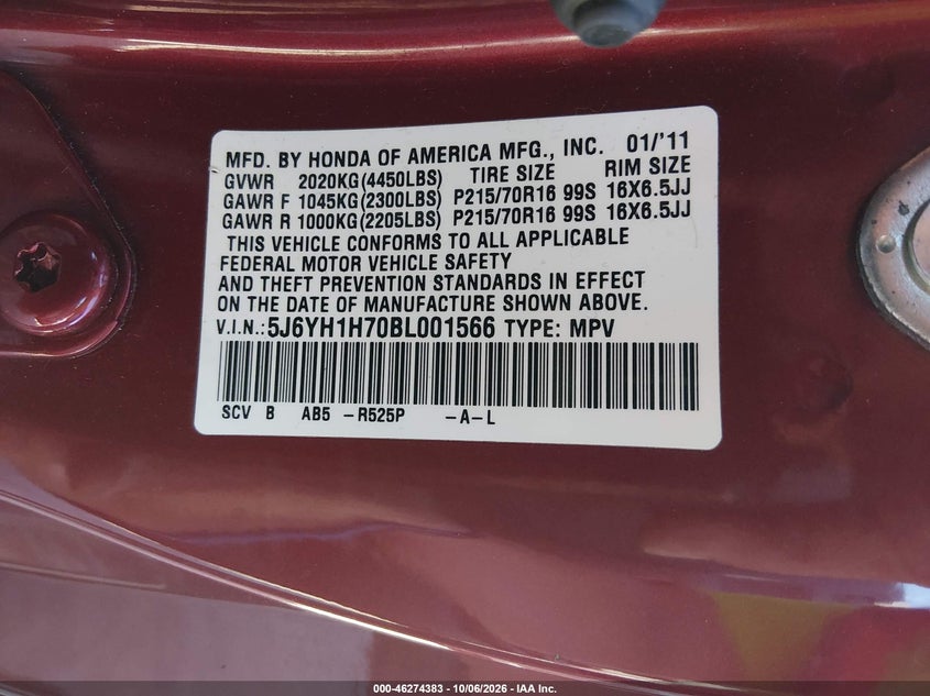 HONDA ELEMENT 2011 VIN 5J6YH1H70BL001566