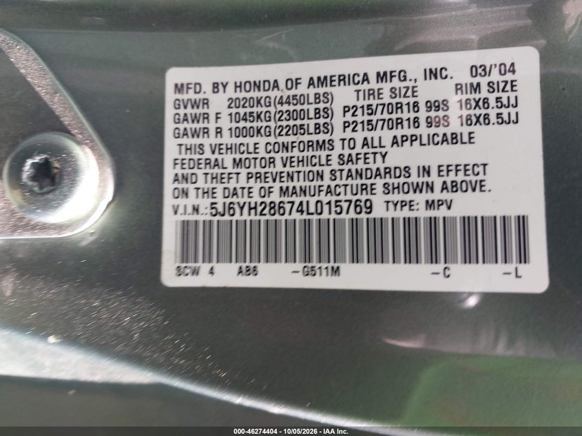 HONDA ELEMENT 2004 VIN 5J6YH28674L015769
