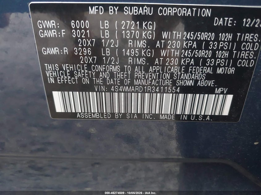 SUBARU ASCENT 2024 VIN 4S4WMARD1R3411554