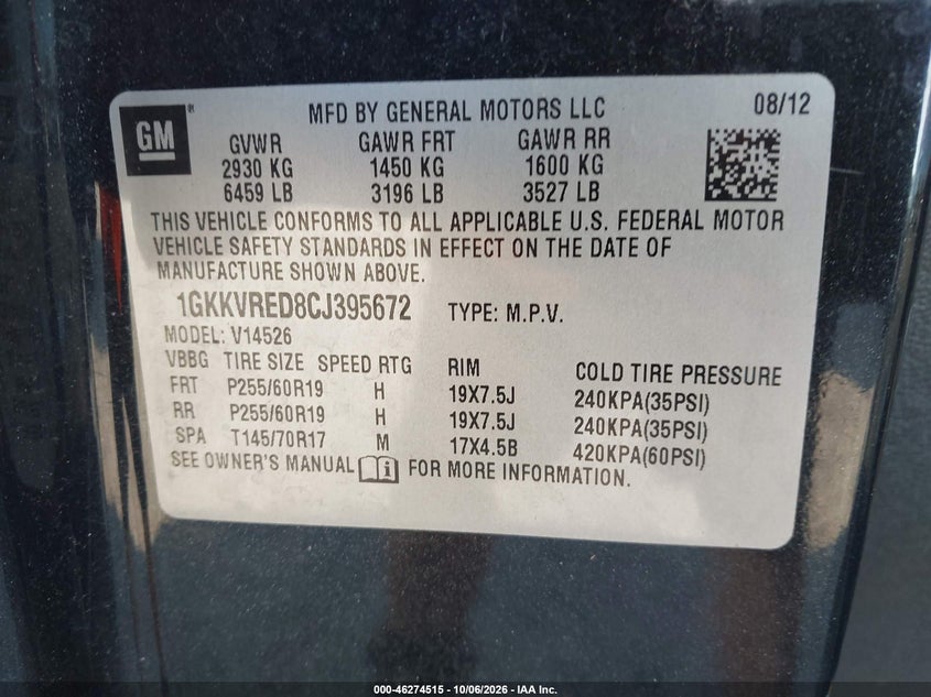GMC ACADIA 2012 VIN 1GKKVRED8CJ395672