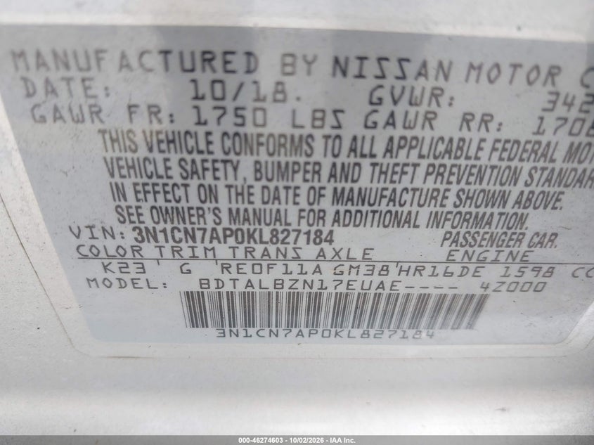 NISSAN VERSA 2019 VIN 3N1CN7AP0KL827184
