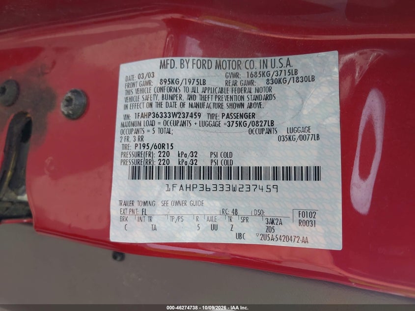 FORD FOCUS 2003 VIN 1FAHP36333W237459