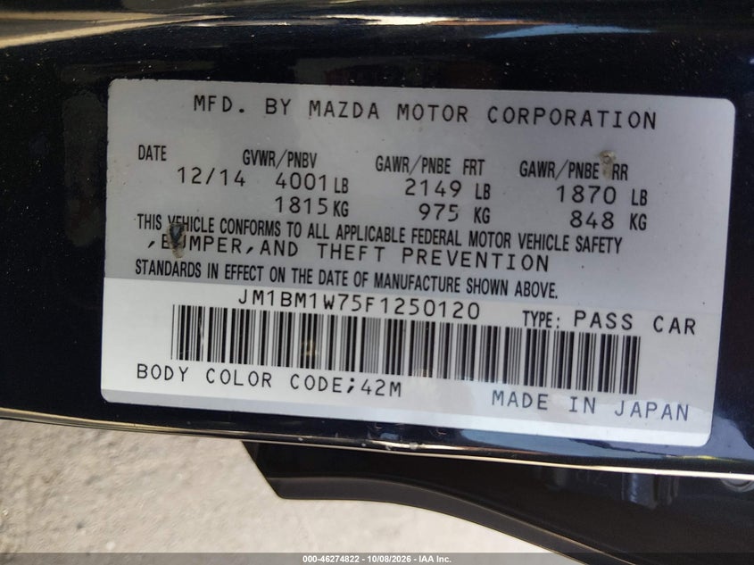 MAZDA MAZDA3 2015 VIN JM1BM1W75F1250120