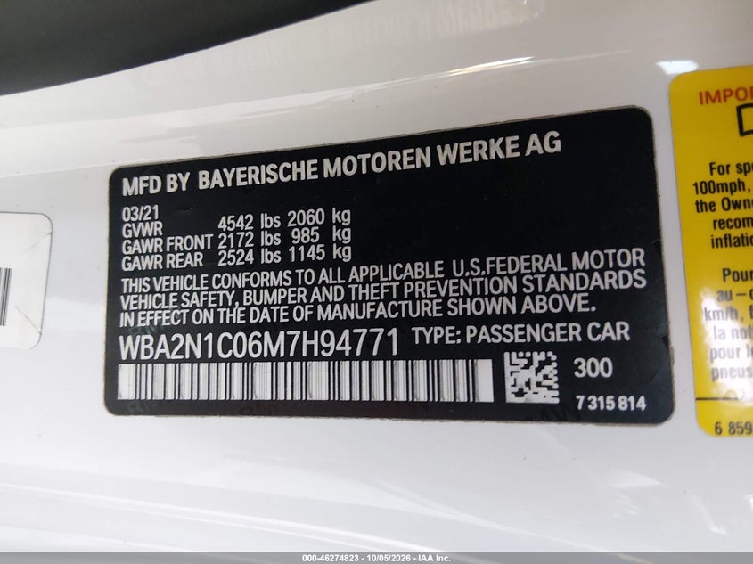 BMW M240I 2021 VIN WBA2N1C06M7H94771