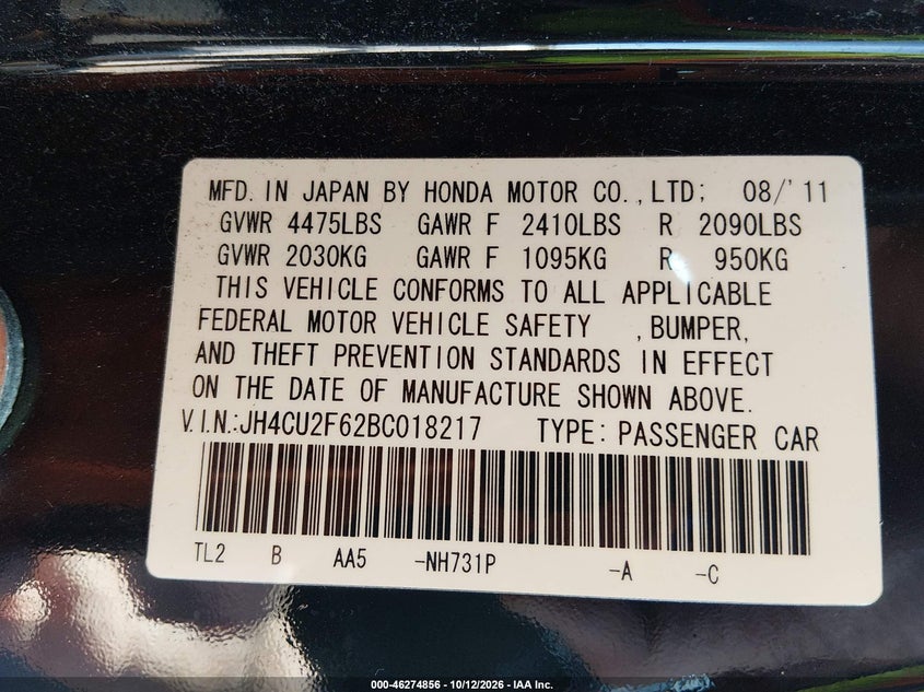 ACURA TSX 2011 VIN JH4CU2F62BC018217