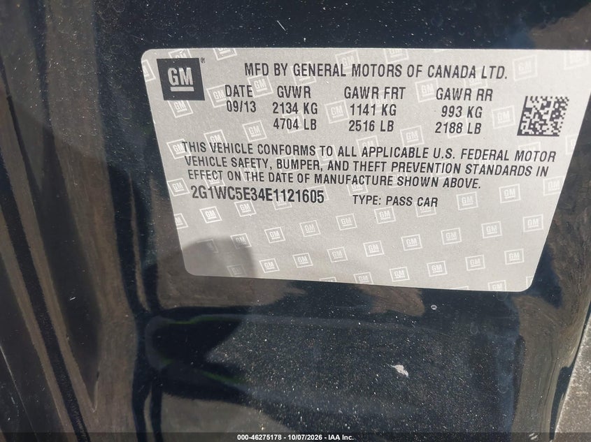 CHEVROLET IMPALA LIMITED 2014 VIN 2G1WC5E34E1121605