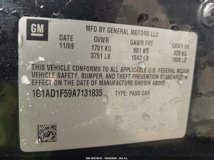 CHEVROLET COBALT 2010 VIN 1G1AD1F59A7131835