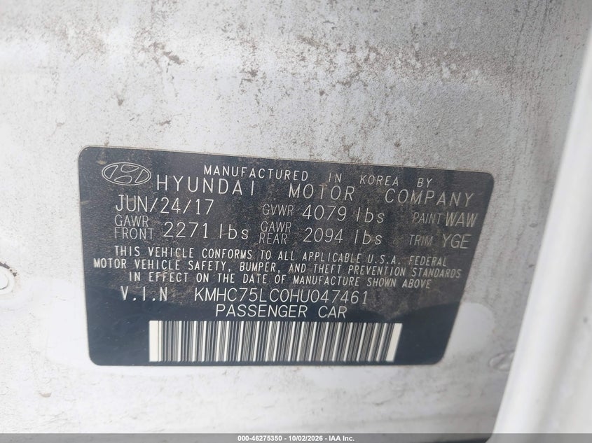 HYUNDAI IONIQ HYBRID 2017 VIN KMHC75LC0HU047461