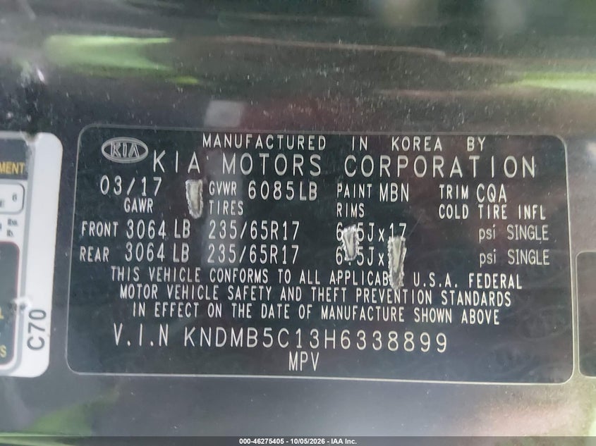 KIA SEDONA 2017 VIN KNDMB5C13H6338899