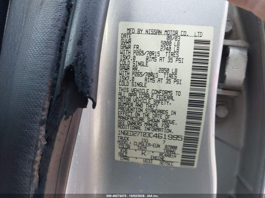 NISSAN FRONTIER 2003 VIN 1N6ED27T03C461995