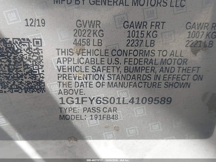 CHEVROLET BOLT EV 2020 VIN 1G1FY6S01L4109589