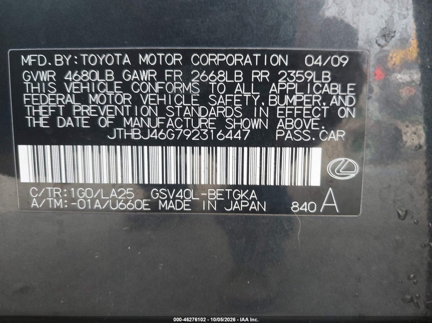 LEXUS ES 350 2009 VIN JTHBJ46G792316447