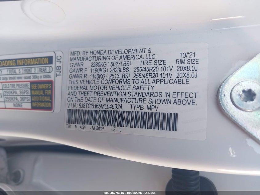 ACURA RDX 2021 VIN 5J8TC2H65ML046924