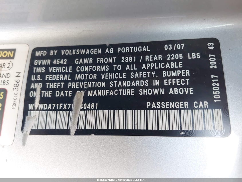 VOLKSWAGEN EOS 2007 VIN WVWDA71FX7V040481