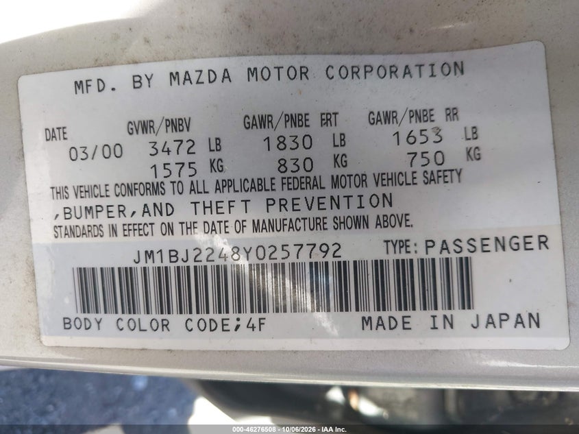 MAZDA PROTEGE 2000 VIN JM1BJ2248Y0257792