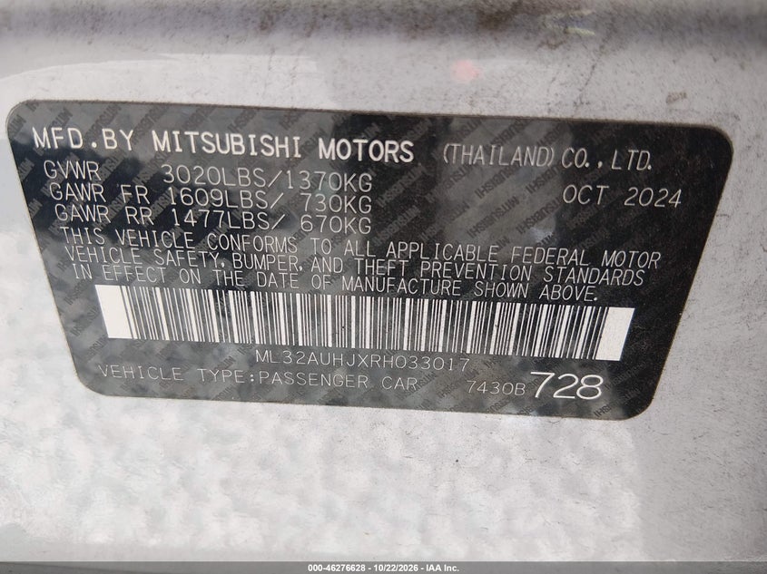 MITSUBISHI MIRAGE 2024 VIN ML32AUHJXRH033017