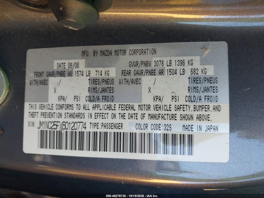 MAZDA MX-5 2006 VIN JM1NC25FX60120774