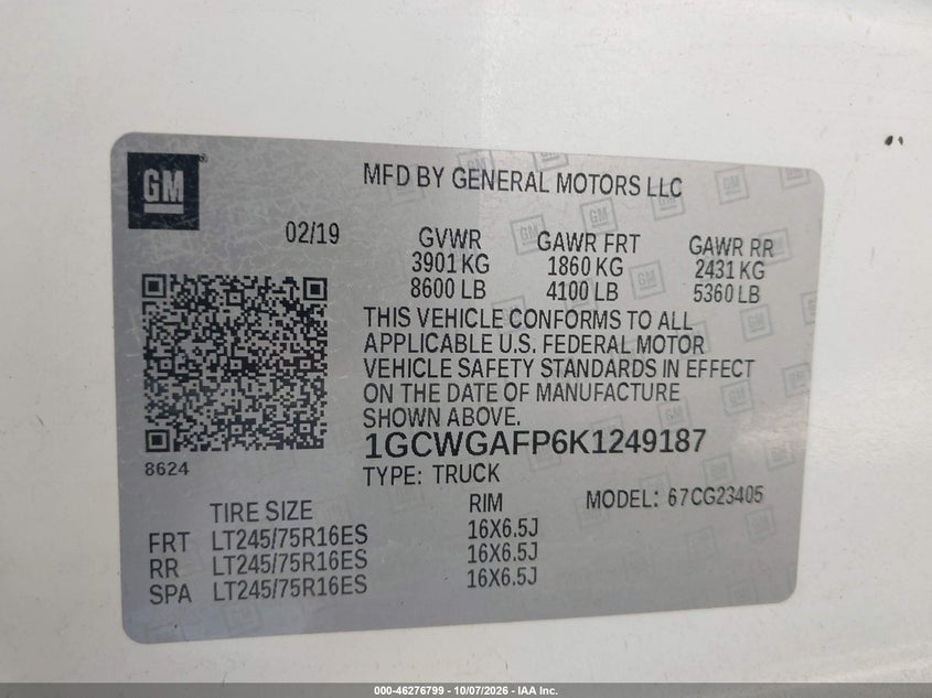 Vin: 1gcwgafp6k1249187, lot: 46776916, chevrolet express 2500 work van 20194