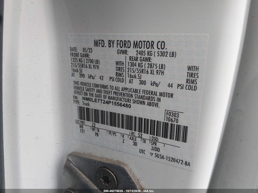 Vin: nm0le7t24p1556480, lot: 46776953, ford transit connect xlt 20234