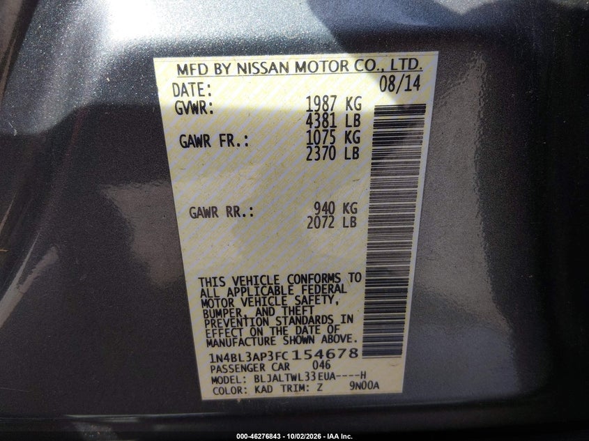 NISSAN ALTIMA 2015 VIN 1N4BL3AP3FC154678
