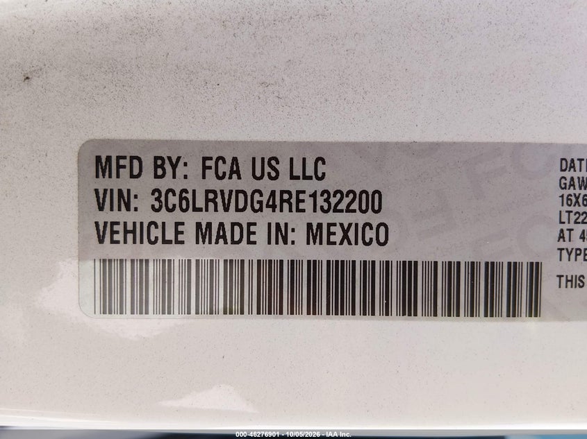 Vin: 3c6lrvdg4re132200, lot: 46777018, ram promaster 2500 tradesman high roof 159 wb w/pass seat 20244