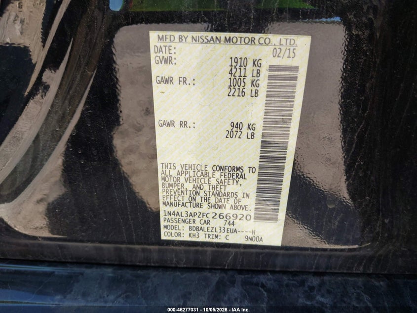 NISSAN ALTIMA 2015 VIN 1N4AL3AP2FC266920