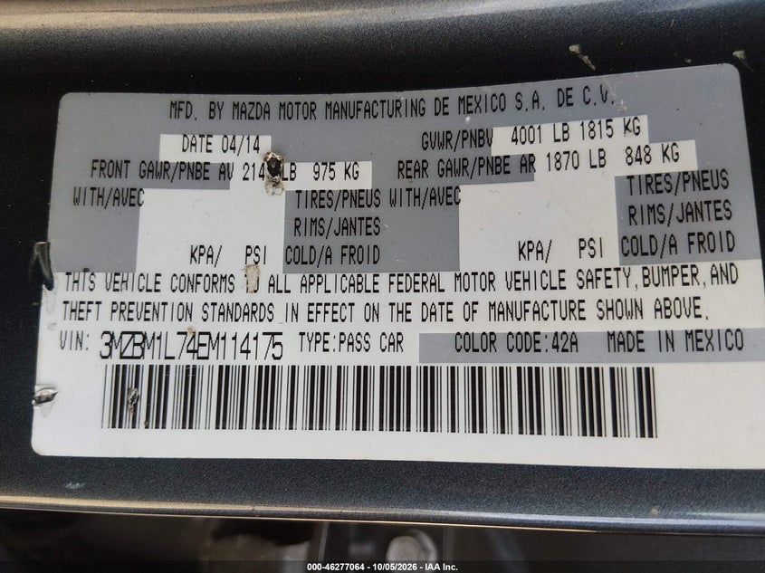 MAZDA MAZDA3 2014 VIN 3MZBM1L74EM114175
