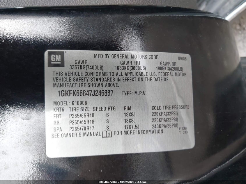 GMC YUKON XL 1500 2007 VIN 1GKFK66847J246837