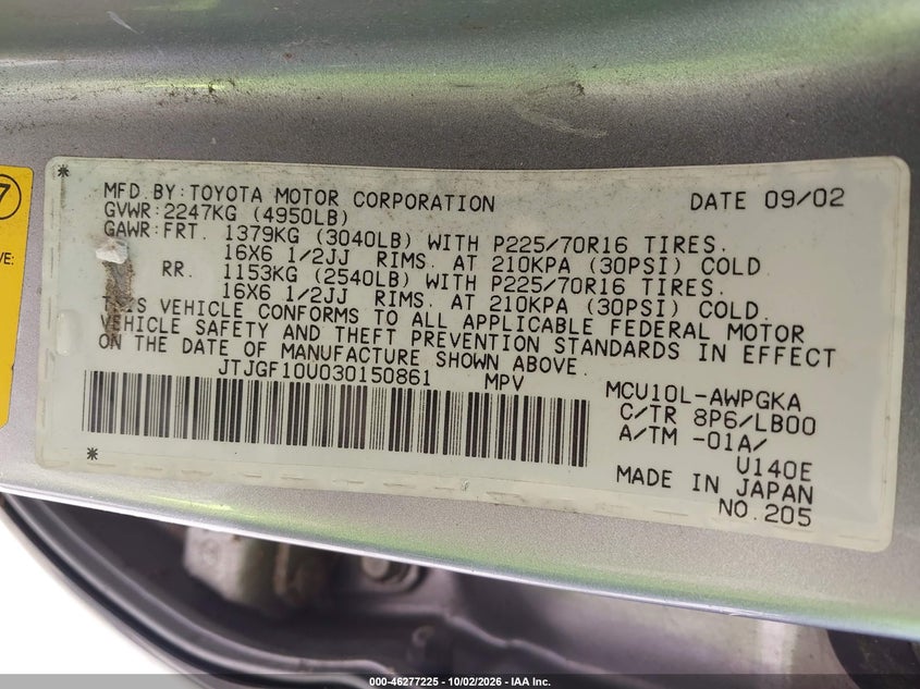 LEXUS RX 300 2003 VIN JTJGF10U030150861