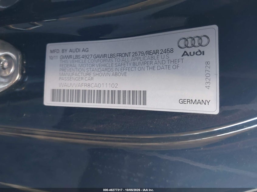AUDI S5 2012 VIN WAUVVAFR8CA011102