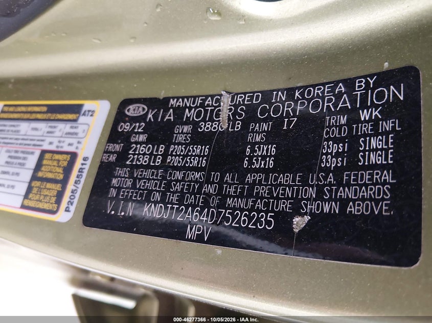 KIA SOUL 2013 VIN KNDJT2A64D7526235