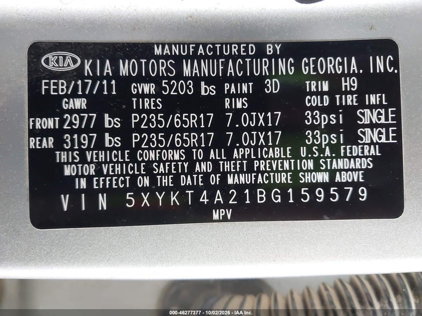 KIA SORENTO 2011 VIN 5XYKT4A21BG159579